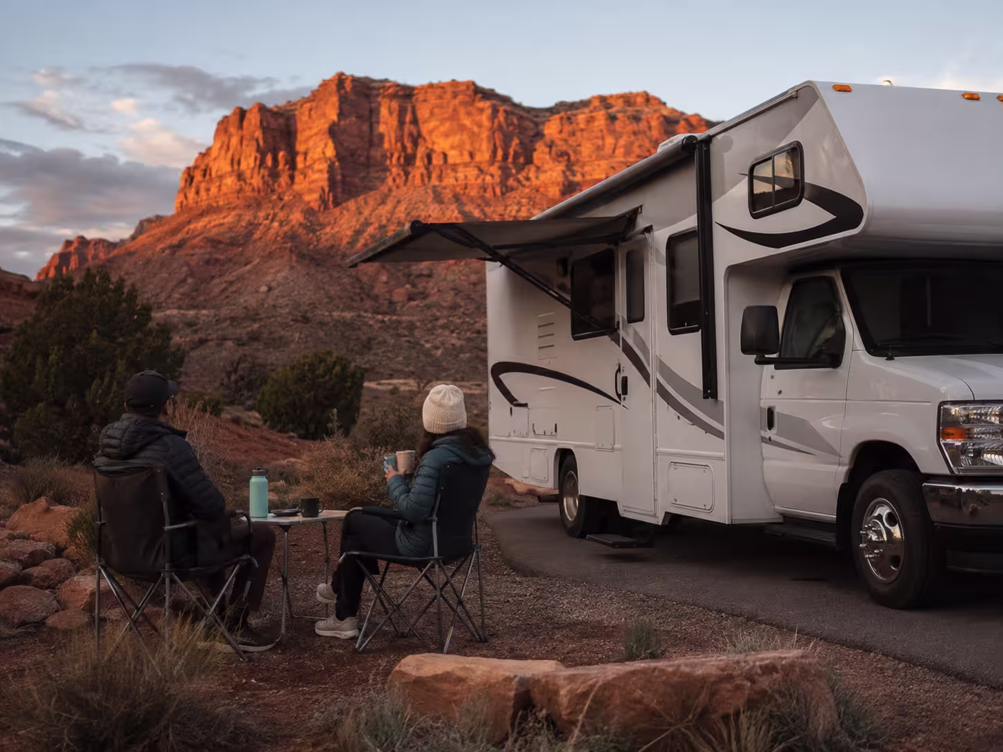 Class C motorhome at a southern Utah red rock campground