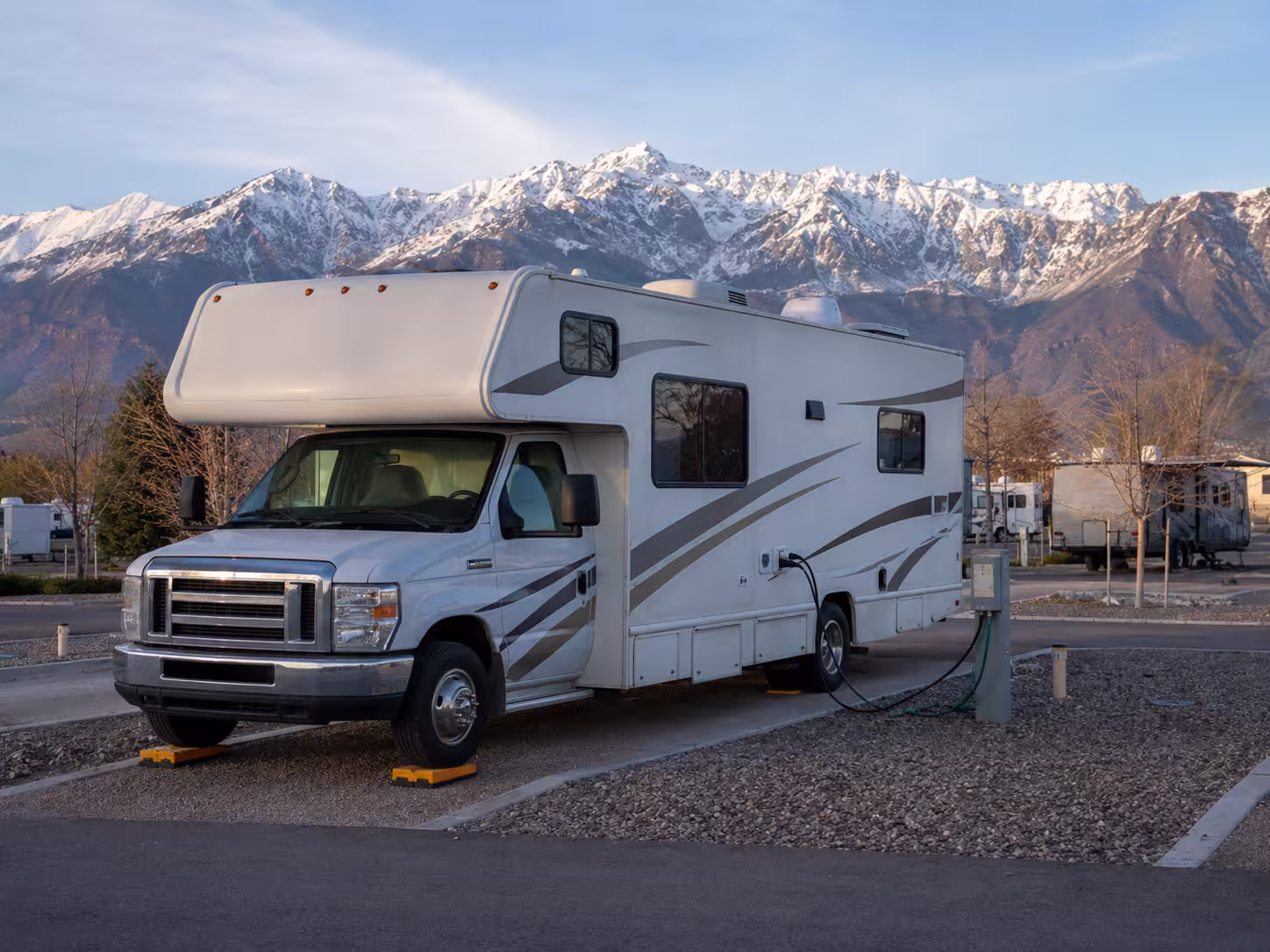 Class C motorhome set up for a long term stay near Salt Lake City