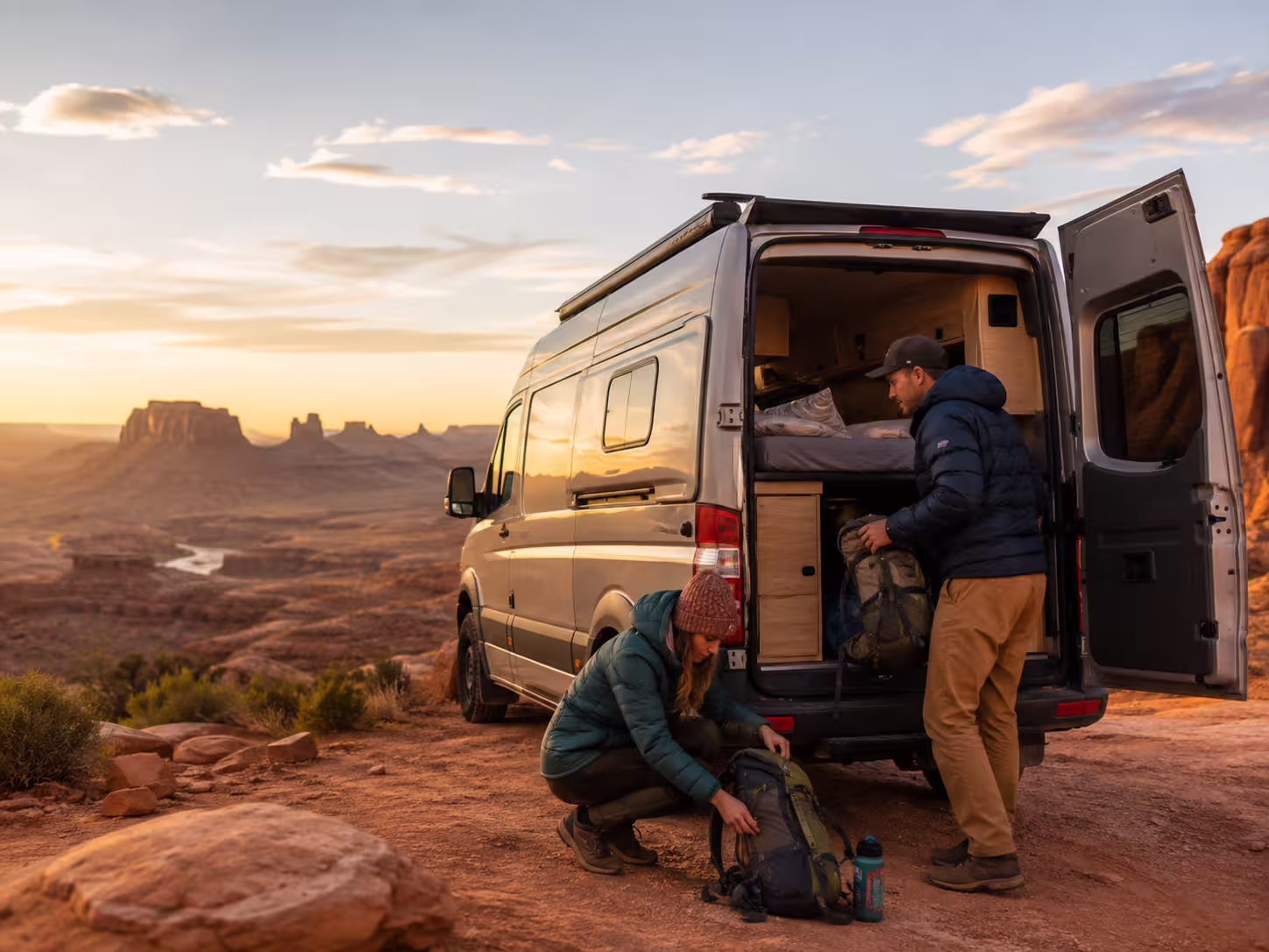 Camper van at a red rock overlook near Salt Lake City, Utah