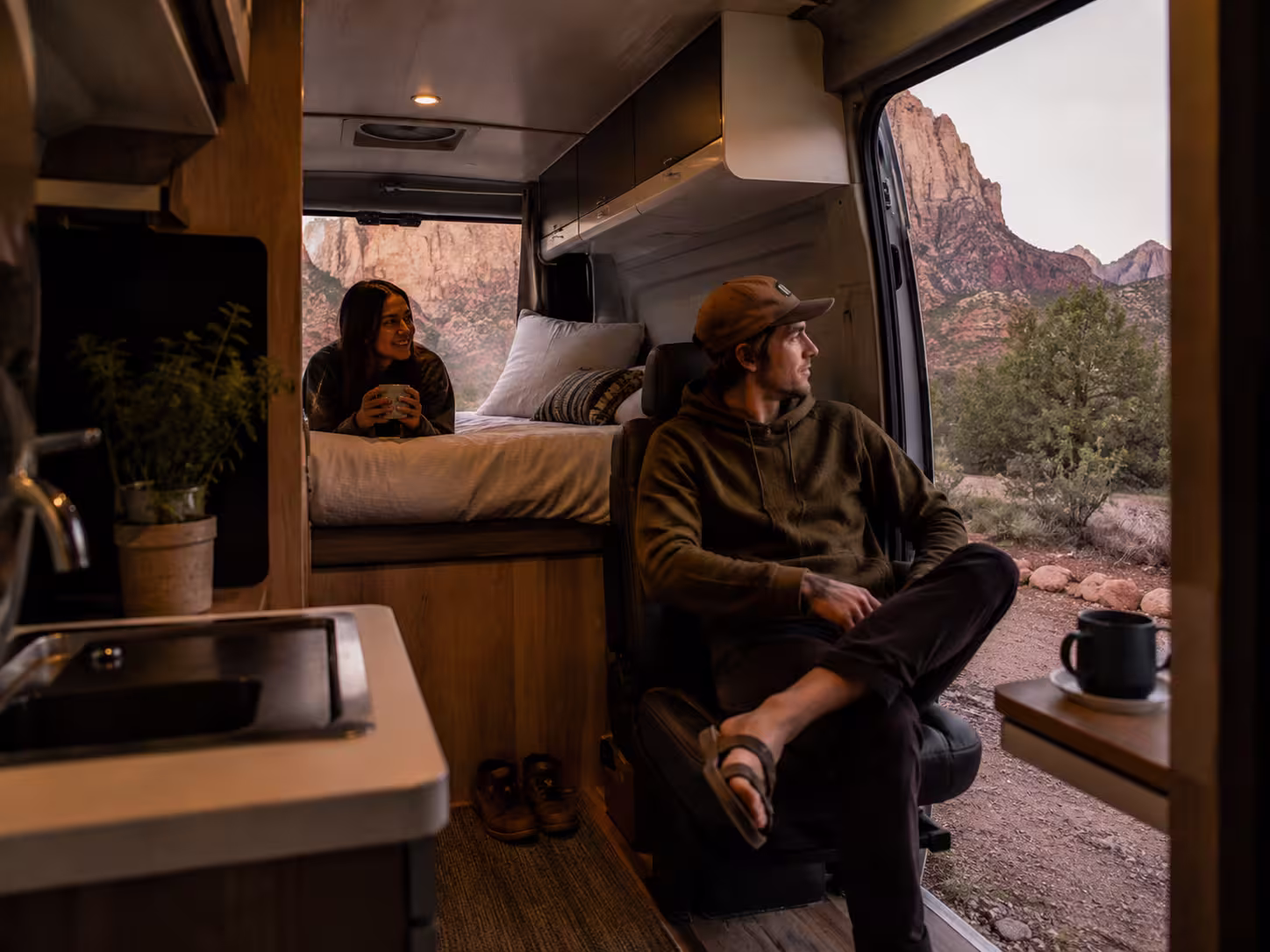 Class B camper van interior at a Utah campsite near Zion