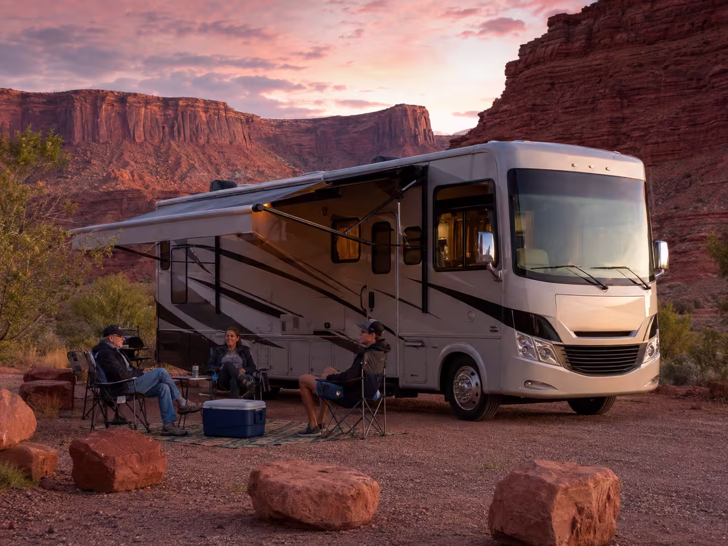 Class A motorhome at a red-rock Utah campground near Moab