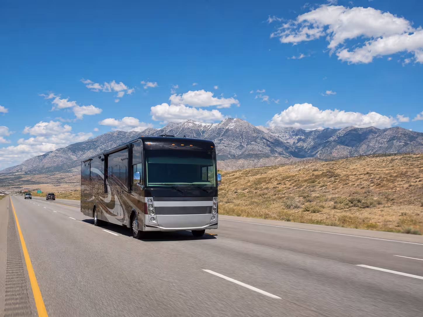 Class A motorhome driving I-15 south from Salt Lake City, Utah