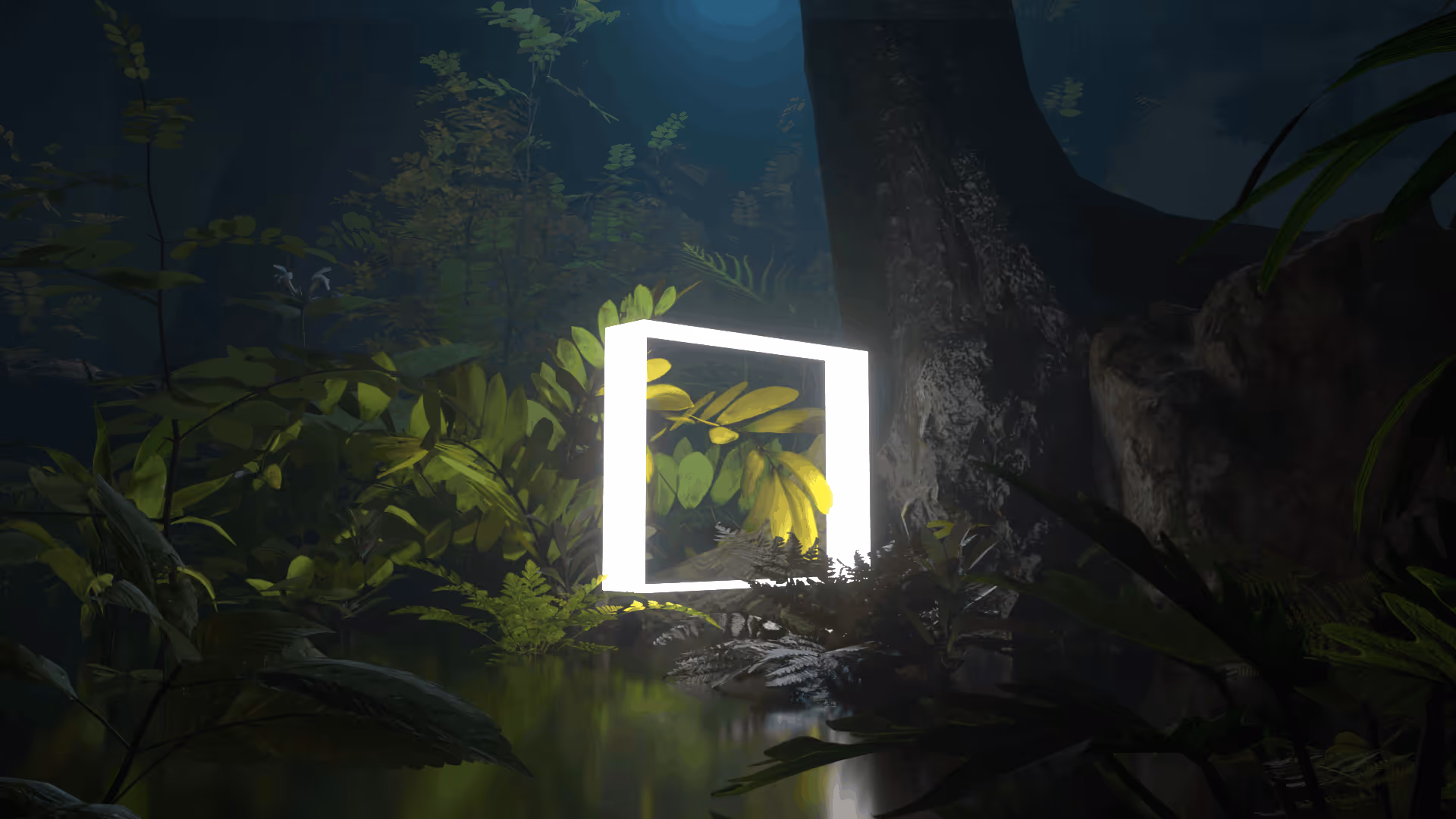 Glowing white rectangular frame floating above water surrounded by lush green plants in a dark forest.