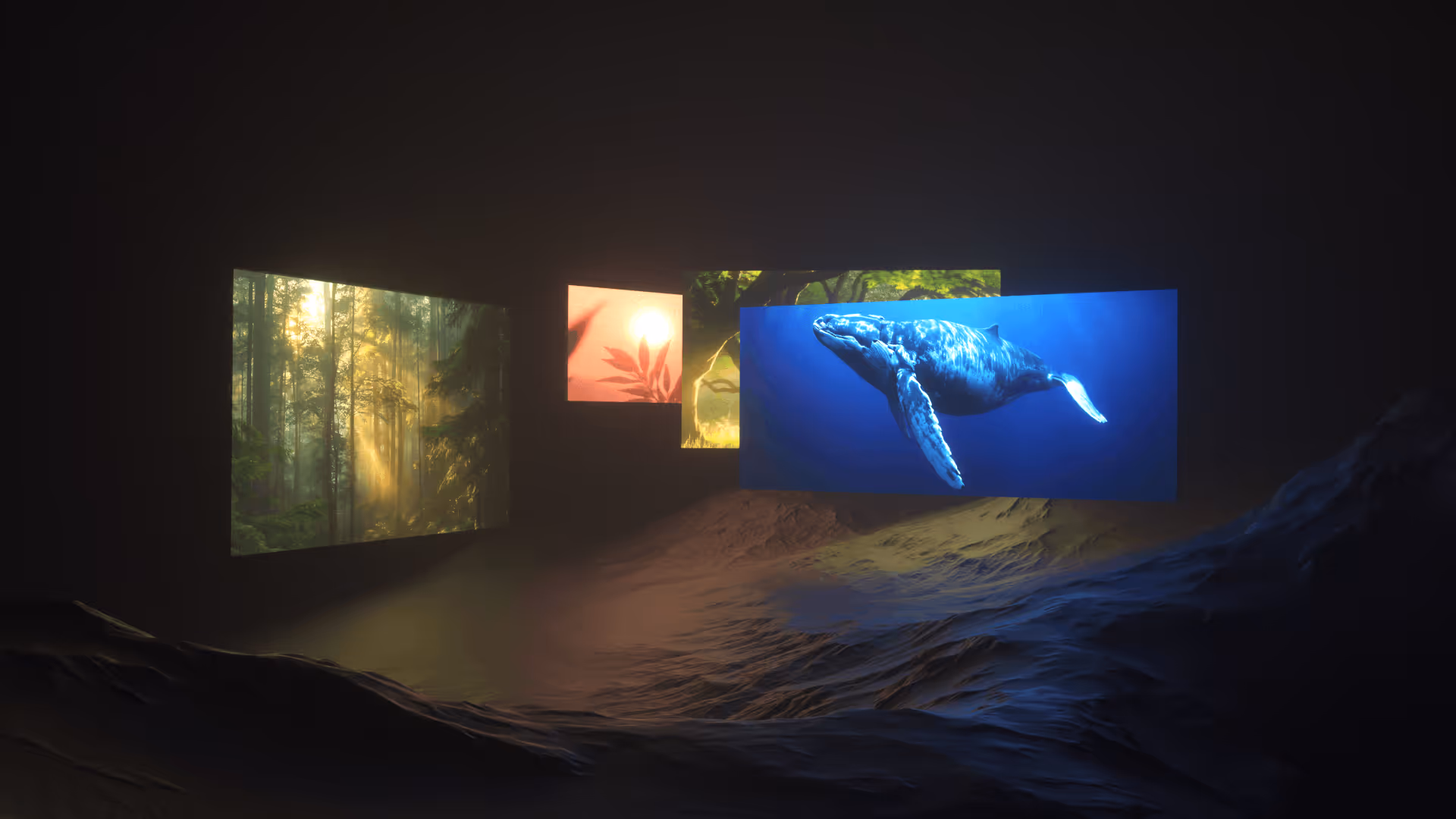 Four illuminated floating screens in a dark environment featuring a forest with sunlight, a red leaf with sun, green foliage, and an underwater whale.
