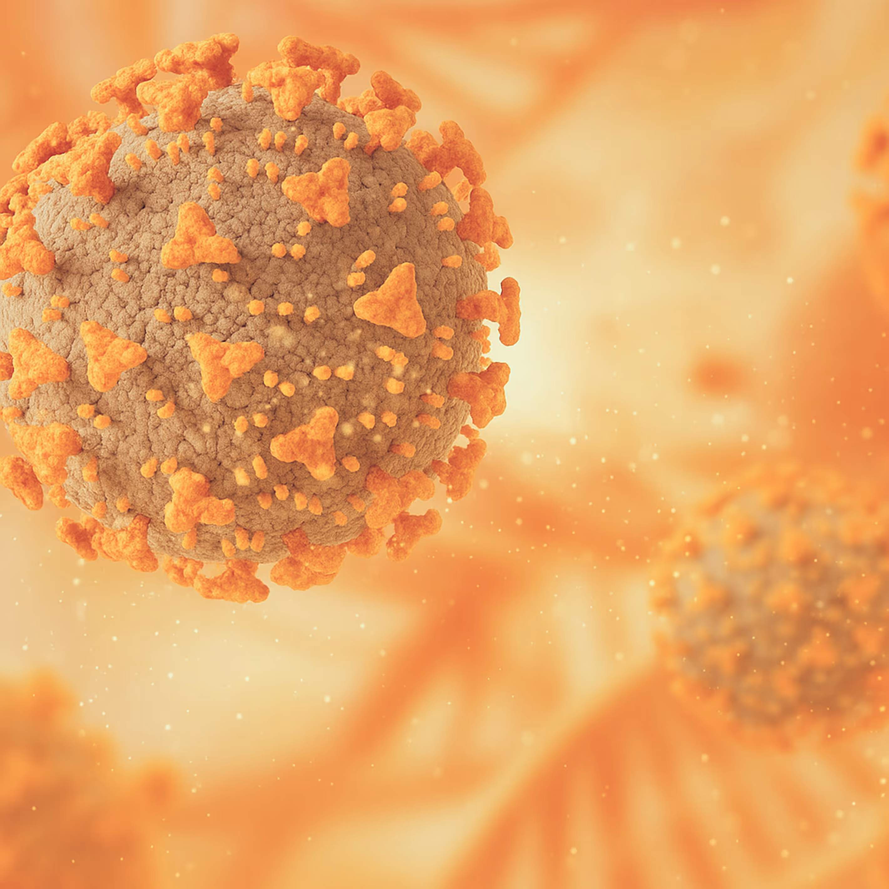 Close-up illustration of a virus cell with textured surface and spike proteins in warm orange tones