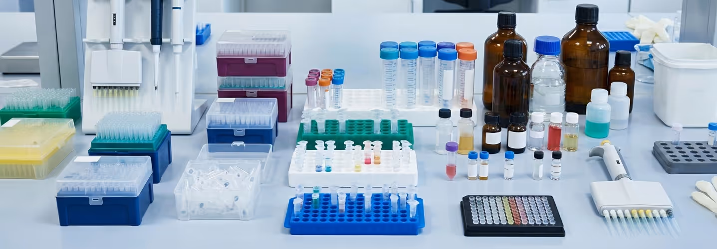 Lab consumables including pipet tips, centrifuge tubes, reagents, and pipettors displayed on a lab bench