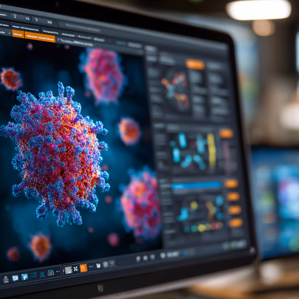 A computer screen, seen at an angle showing a red and purple cells, along with scientific software in the background.