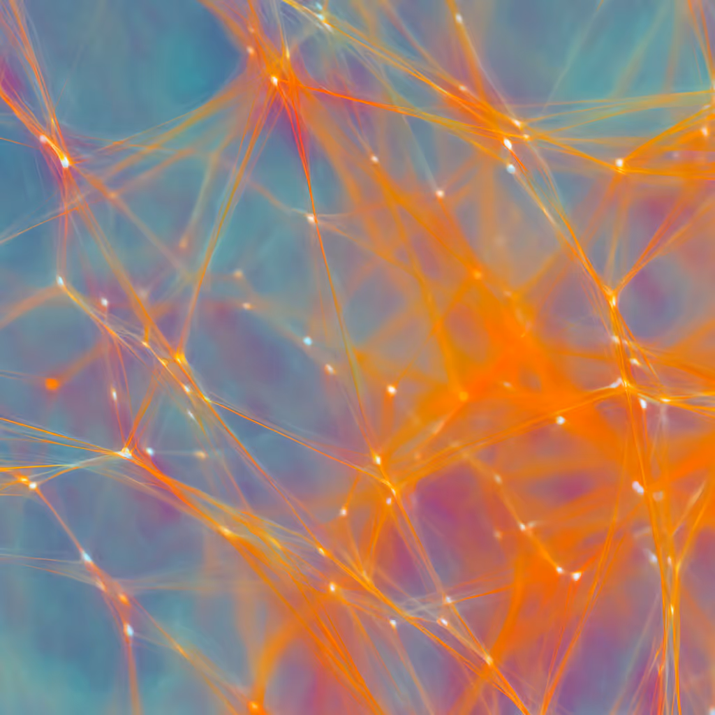 A web of interconnected data points with orange layers at the foreground, and teal layers in the background