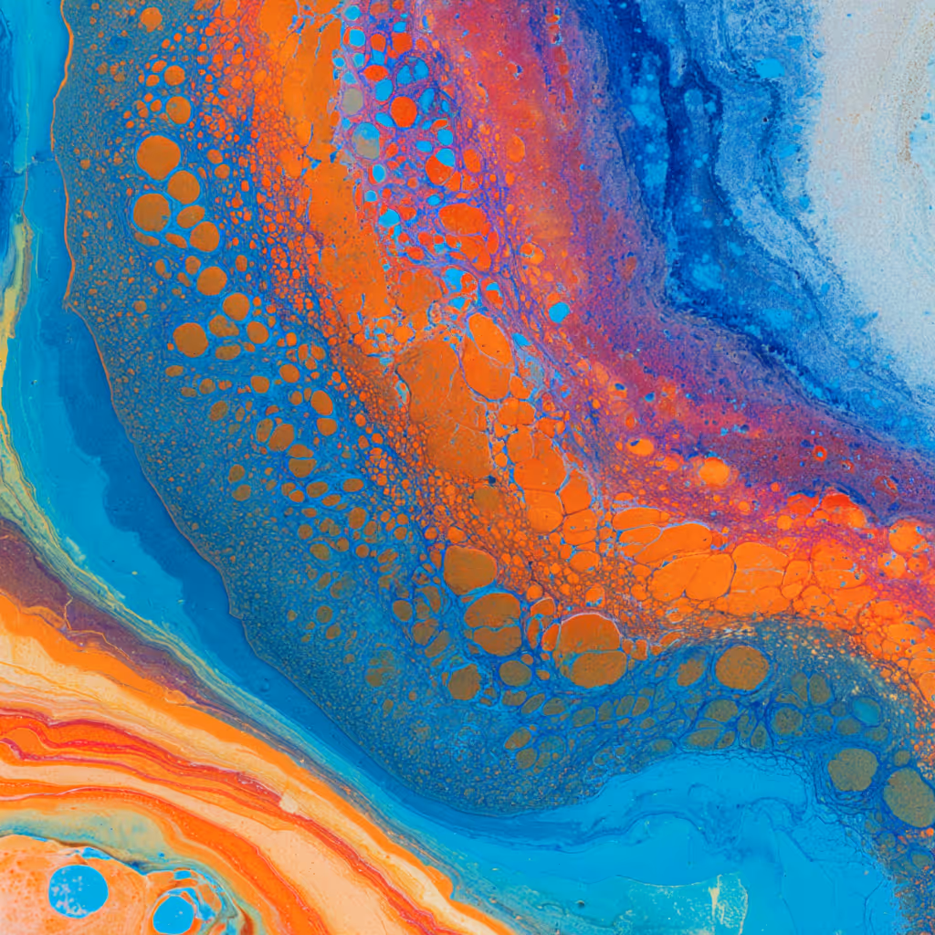 an abstract funnel rendered in an acrylic paint look with the colors of light blue, blue, orange, teal, and yellow flowing from the upper left to the lower right