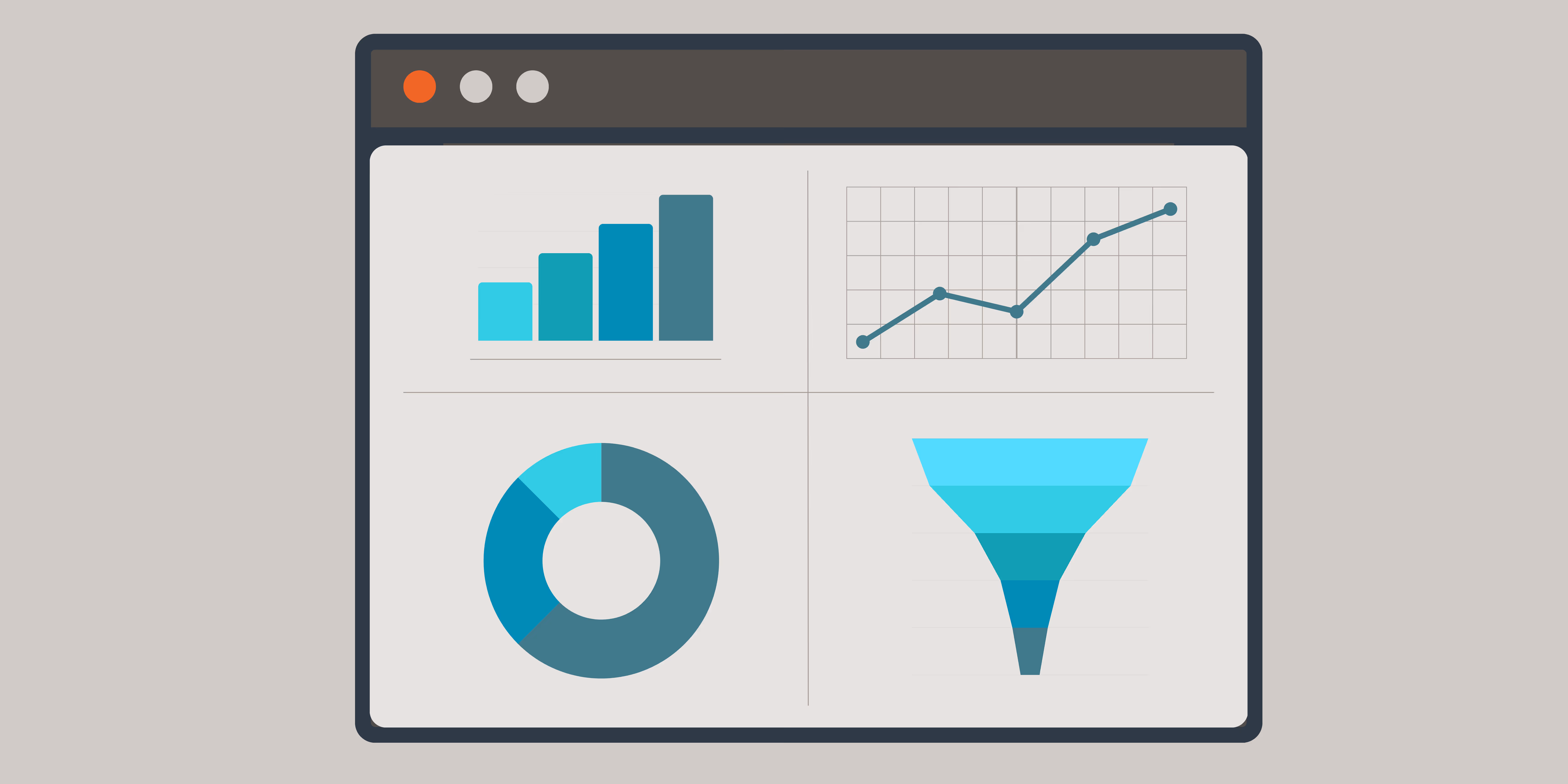 an large icon of a computer screen with four different data charts on it representing a data dashboard