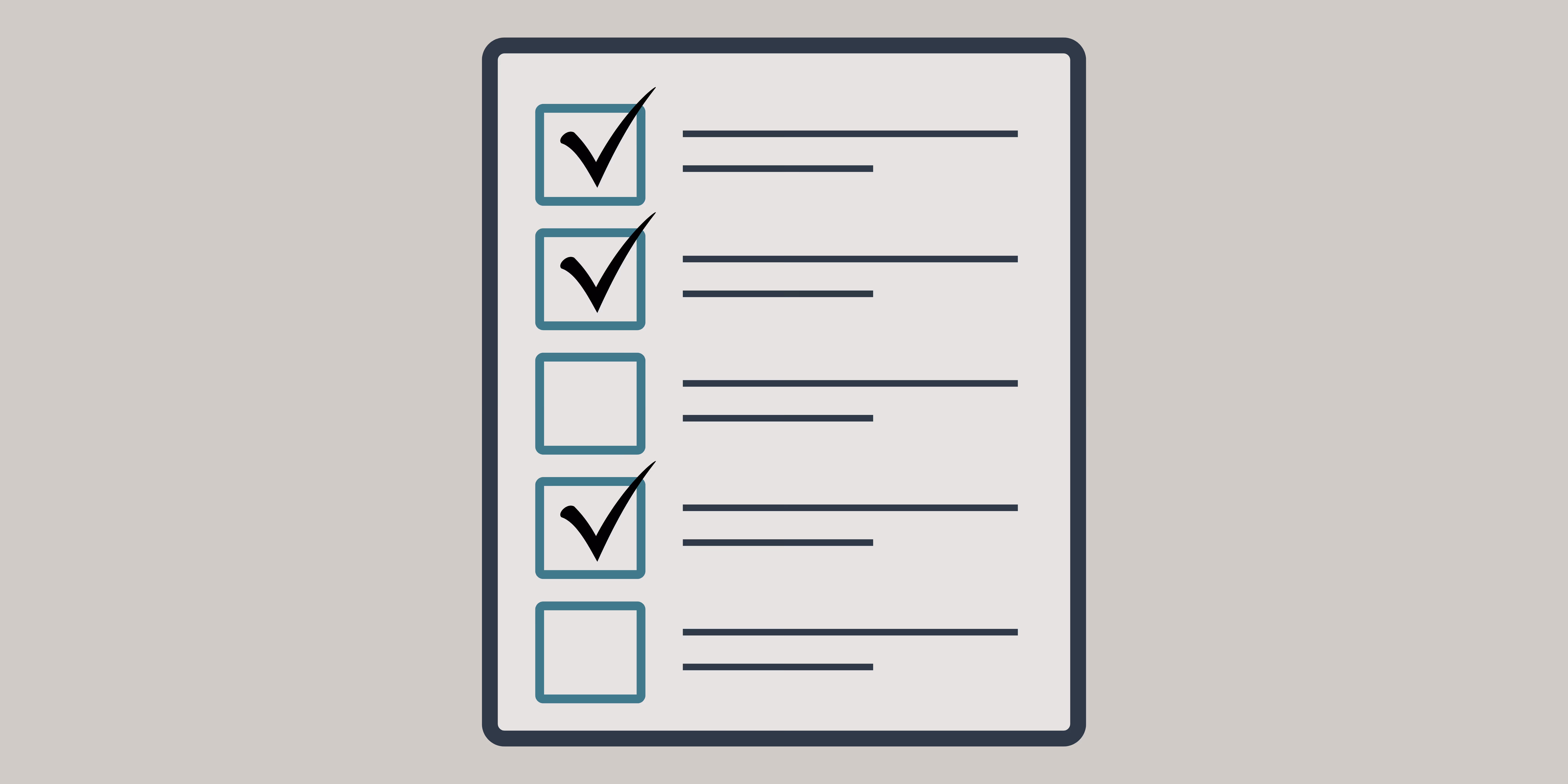 A checklist showing 5 checkboxes. The top 2 are checked, the 3re is blank, the 4th is checked and the 5th is blank.