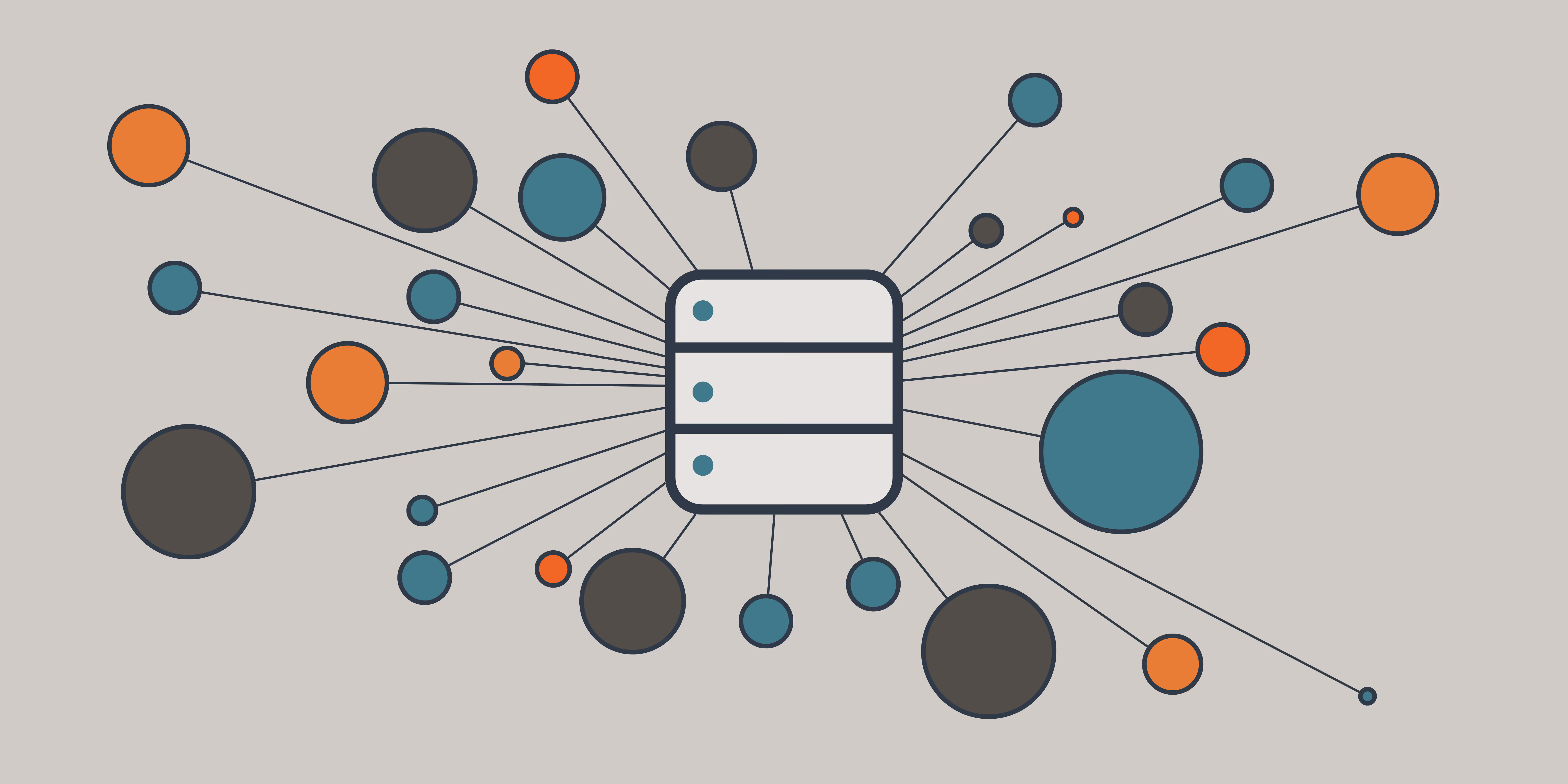 colorful circles aligned and all connected by lines to an icon representing a centralized database