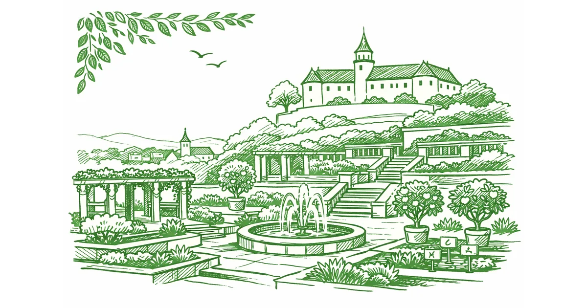 Illustration des Pomeranzengartens in Leonberg unterhalb des Schlosses, Terrassen und Brunnen.