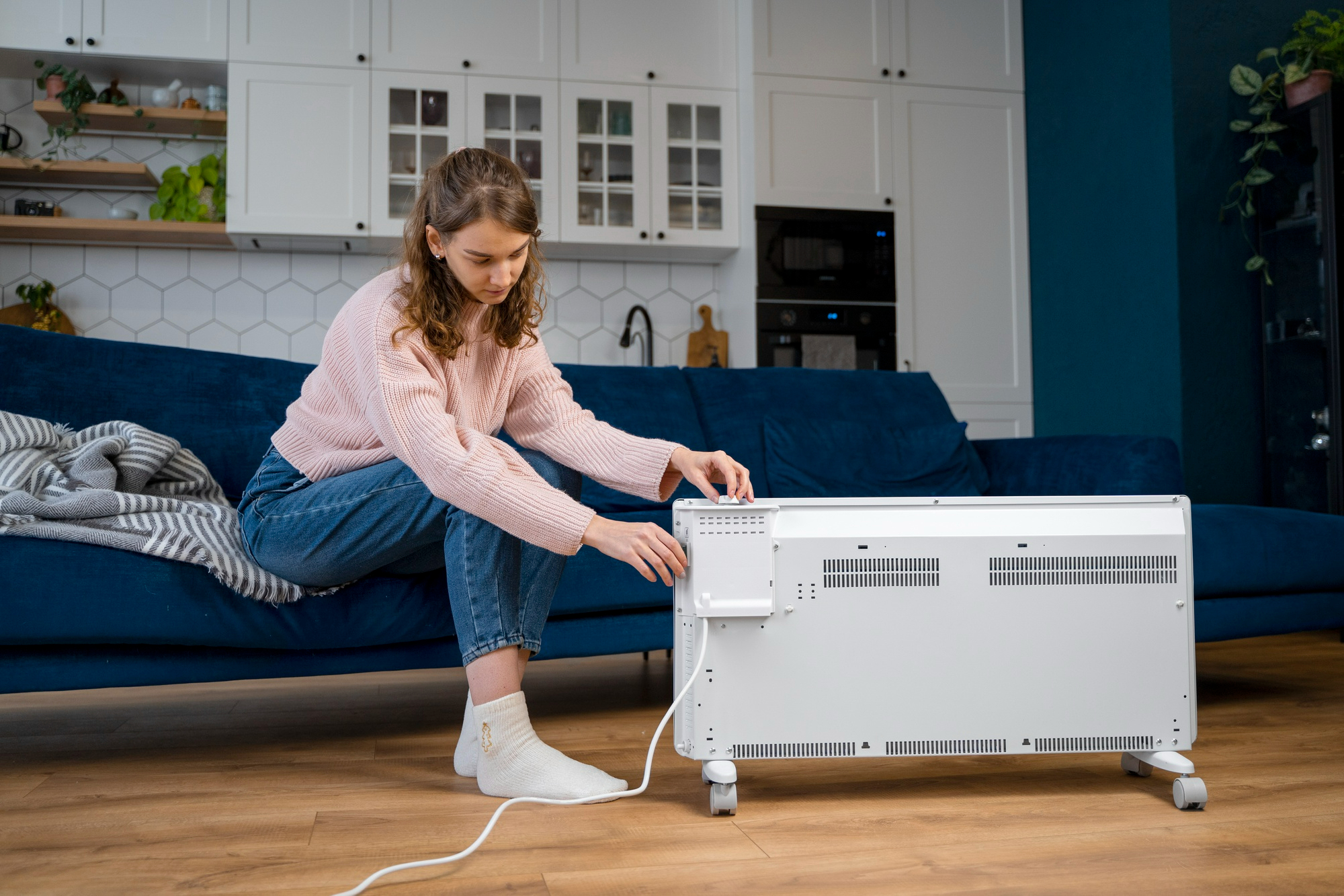 Woman adjusting controls on a white electric heater placed on a wooden floor in a living room.