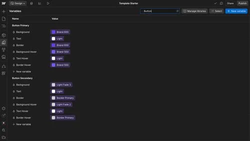 Webflow Variables panel showing button color properties