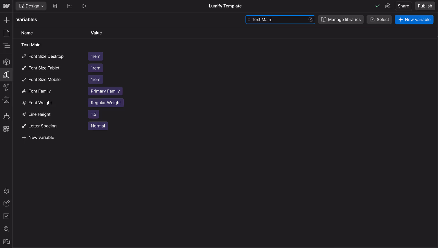 Webflow Variables panel showing text properties