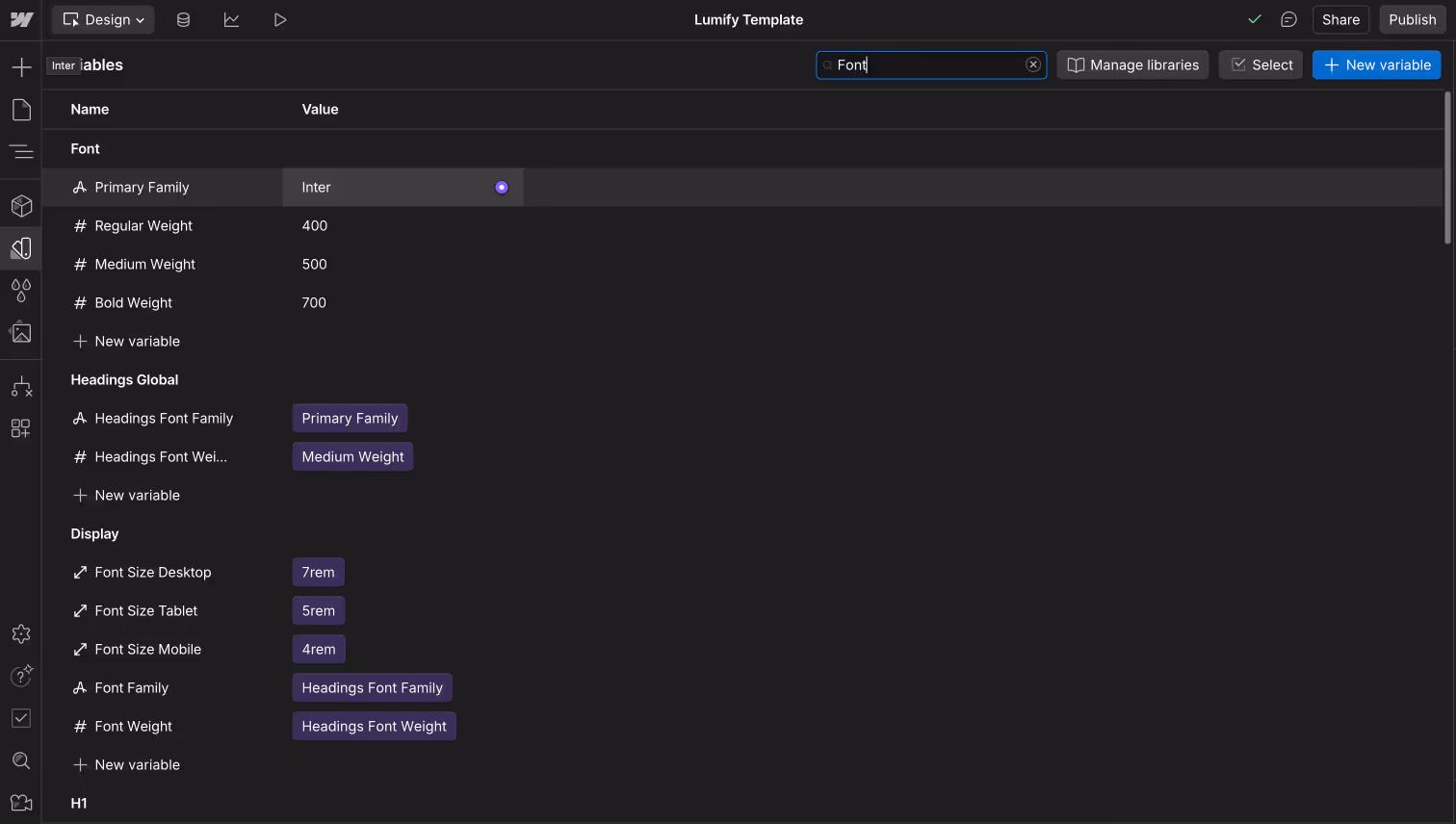 Webflow Variables panel showing font properties