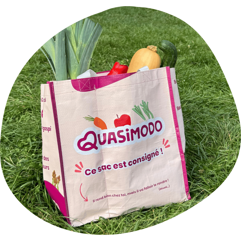 Panier Quasimodo rempli de fruits et légumes, dans l'herbe