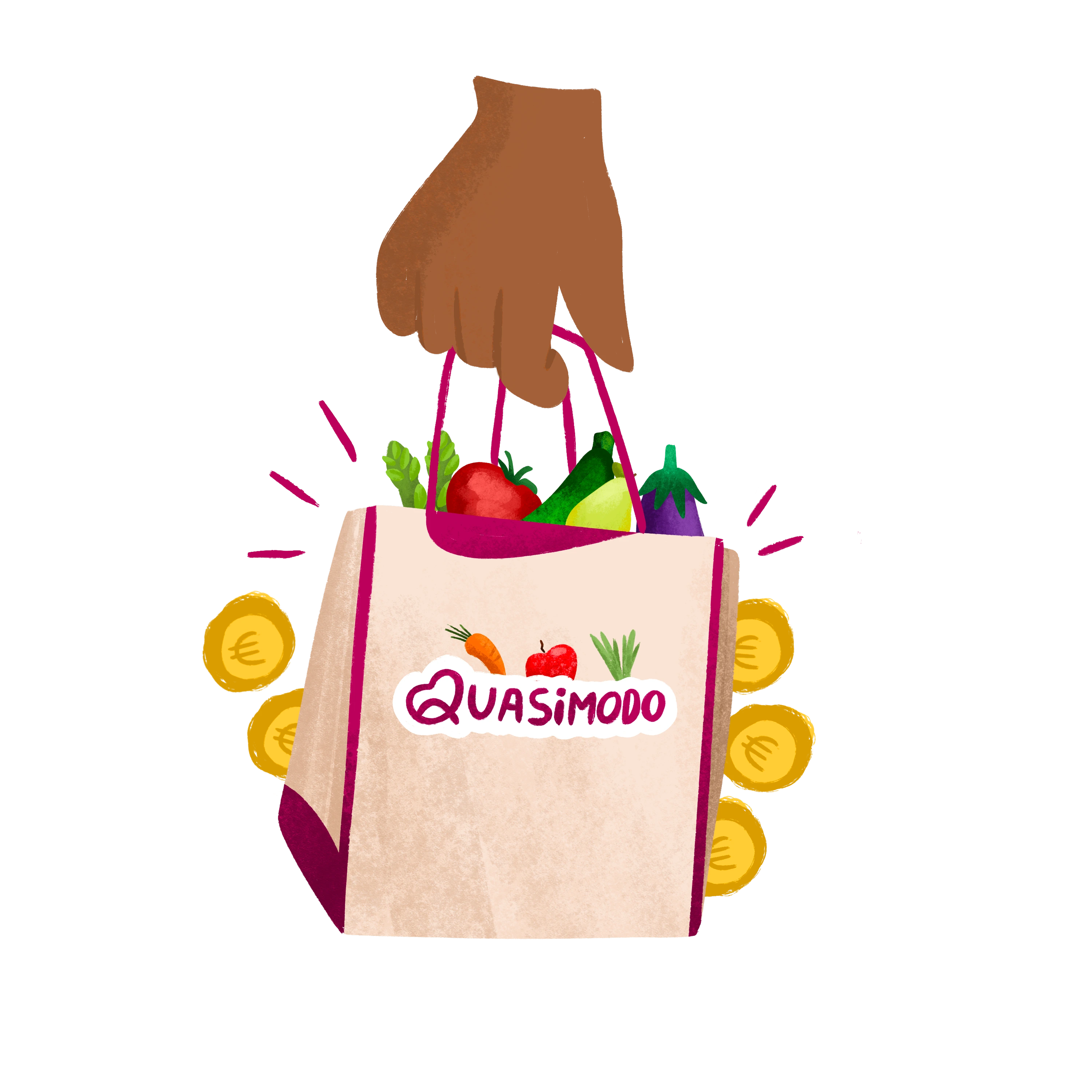 Illustration main qui tient un panier Quasimodo rempli de fruits et légumes