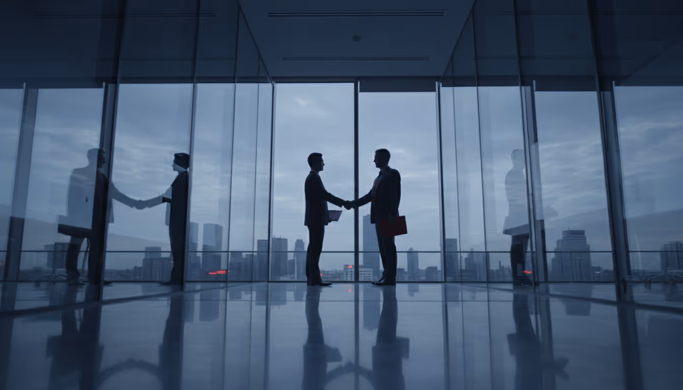 Siluety dvou profesionálů podávajících si ruce v moderní prosklené kanceláři jako symbol důvěry, partnerství a individuální péče o klienty u makléře Eurovalley.