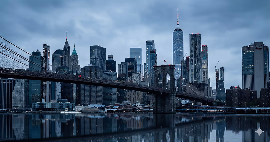 Panorama moderního velkoměsta s Brooklynským mostem jako symbol stability, globálního dosahu a klidného zázemí pod ochranou makléře Eurovalley.