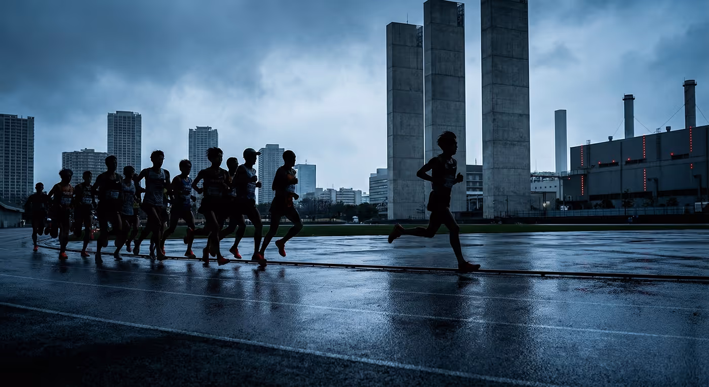 Siluety běžců na trati v průmyslovém prostředí symbolizující konkurenční výhodu a dynamický přístup pojišťovacího makléře Eurovalley.