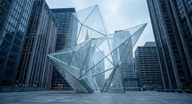 Moderní skleněná geometrická plastika mezi mrakodrapy symbolizující transparentnost a odbornost pojišťovacího makléře Eurovalley v sekci zákonných informací.