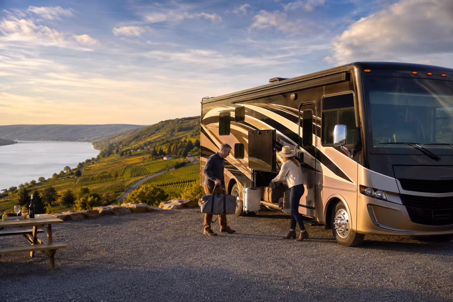Luxury motorhome parked above Seneca Lake in the Finger Lakes, NY