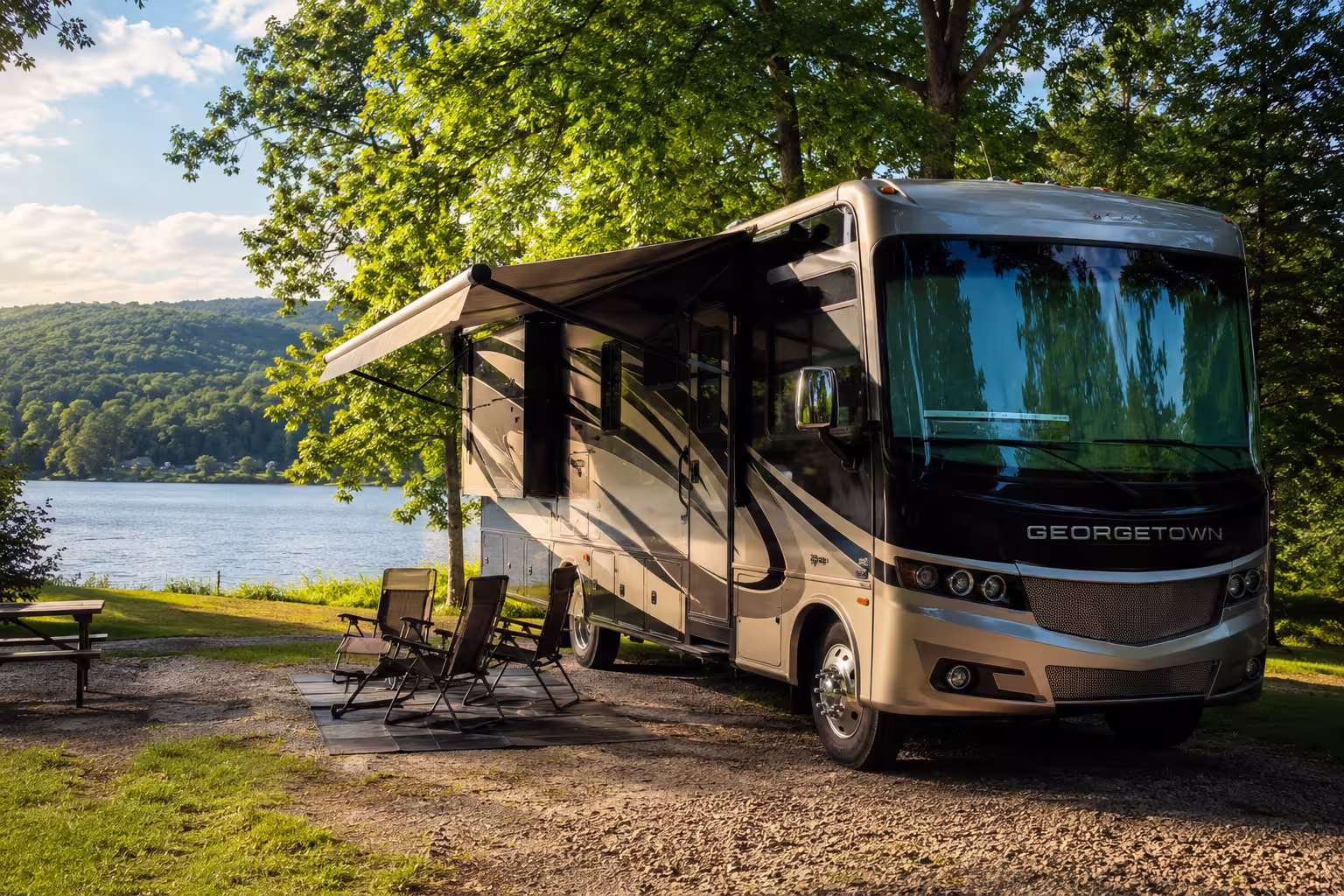 Class A motorhome at a Keuka Lake campsite in the Finger Lakes, NY