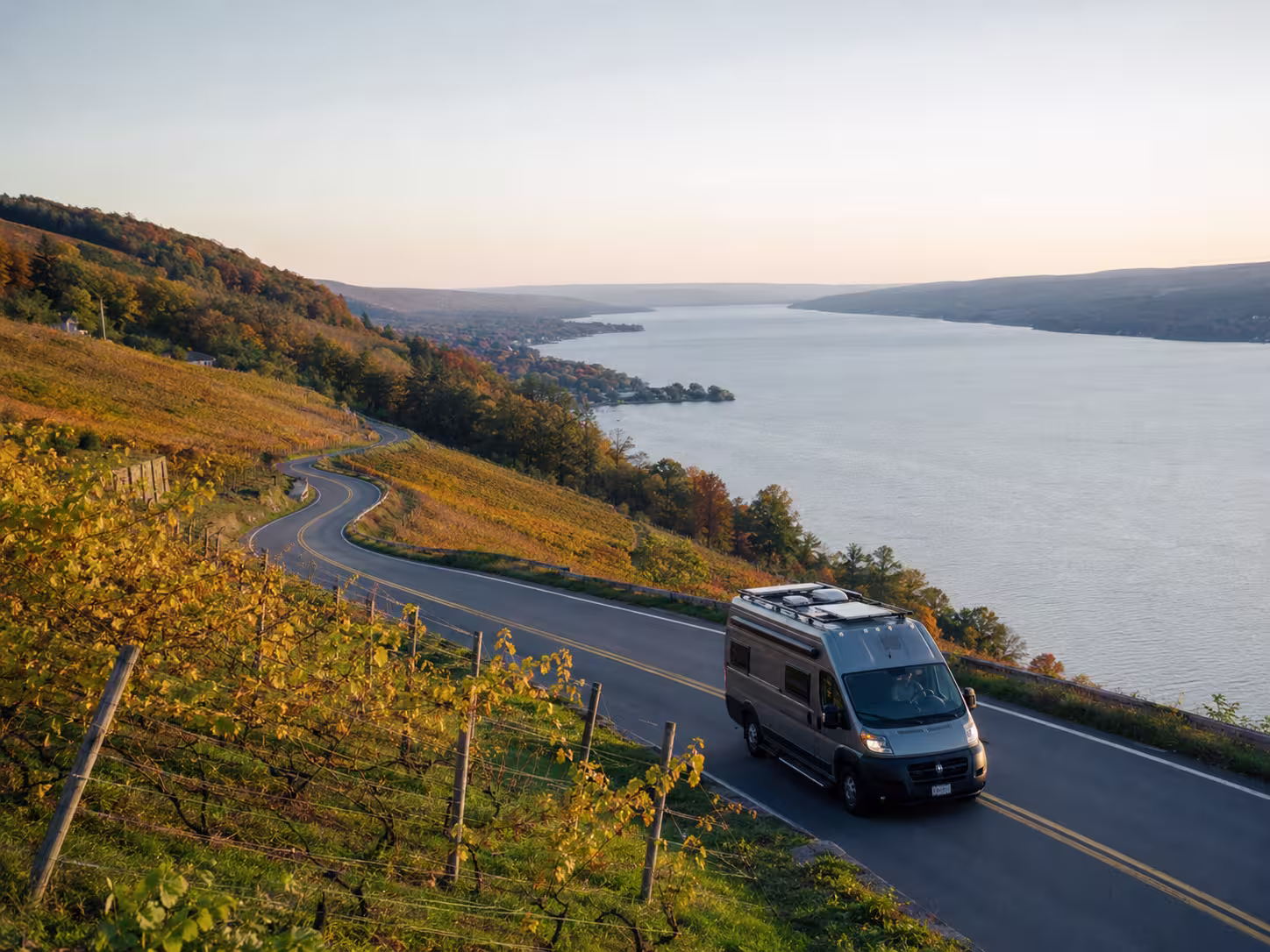 Camper van on a lakeside road above Keuka Lake in the Finger Lakes