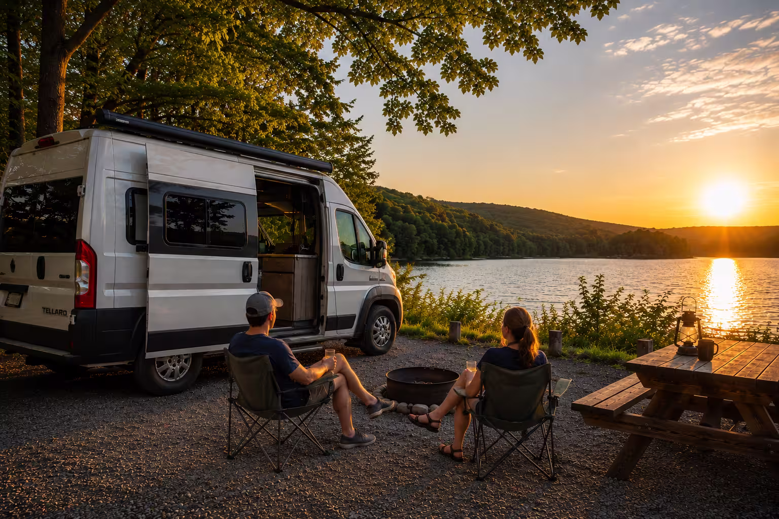 Couple beside a camper van at a Finger Lakes lakeside campsite