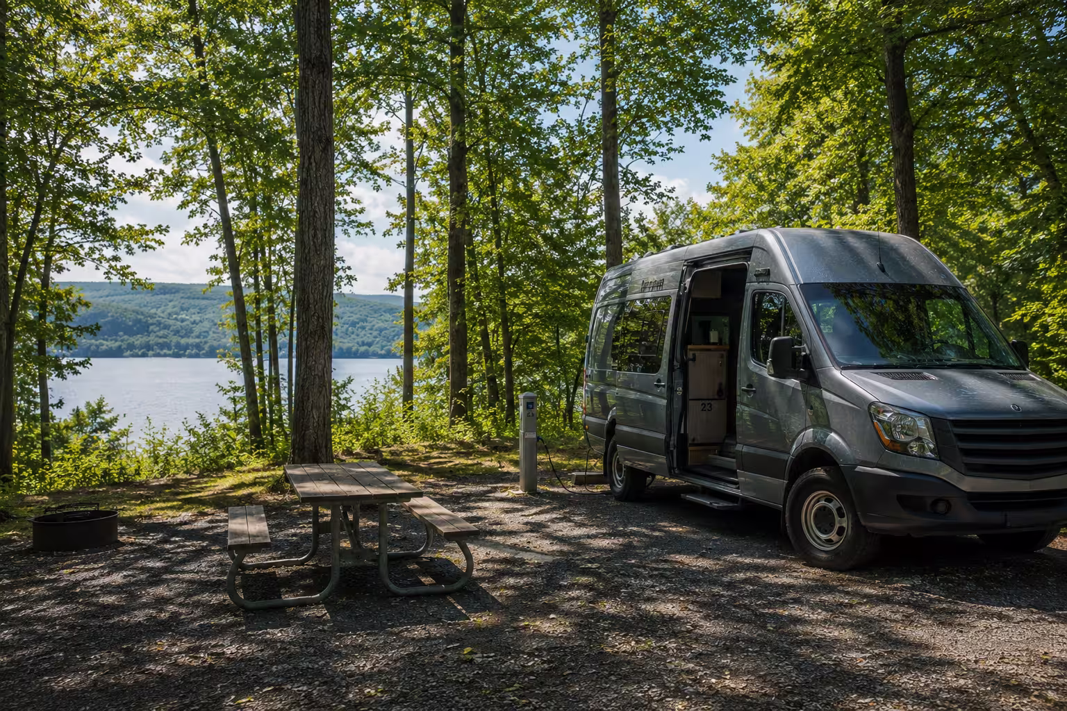 Camper van set up at a Finger Lakes state park campsite