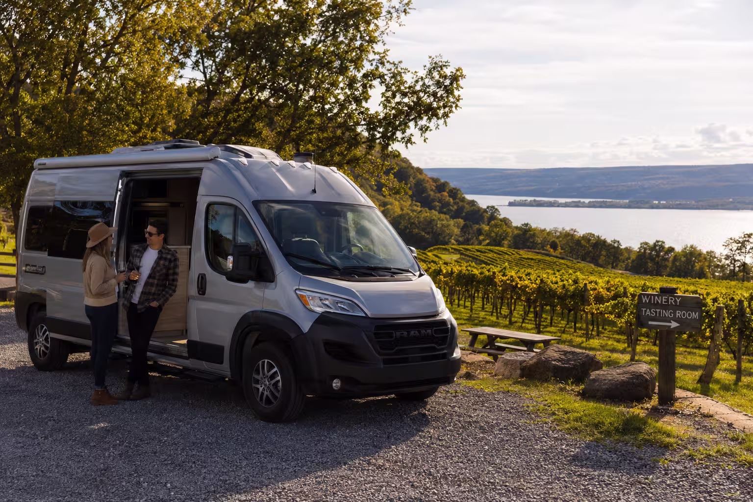 Class B camper van parked at a Seneca Lake winery in the Finger Lakes