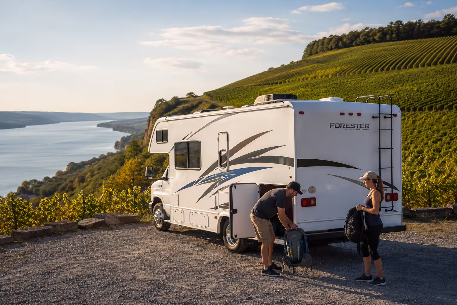 Camper rental parked above Seneca Lake in the Finger Lakes