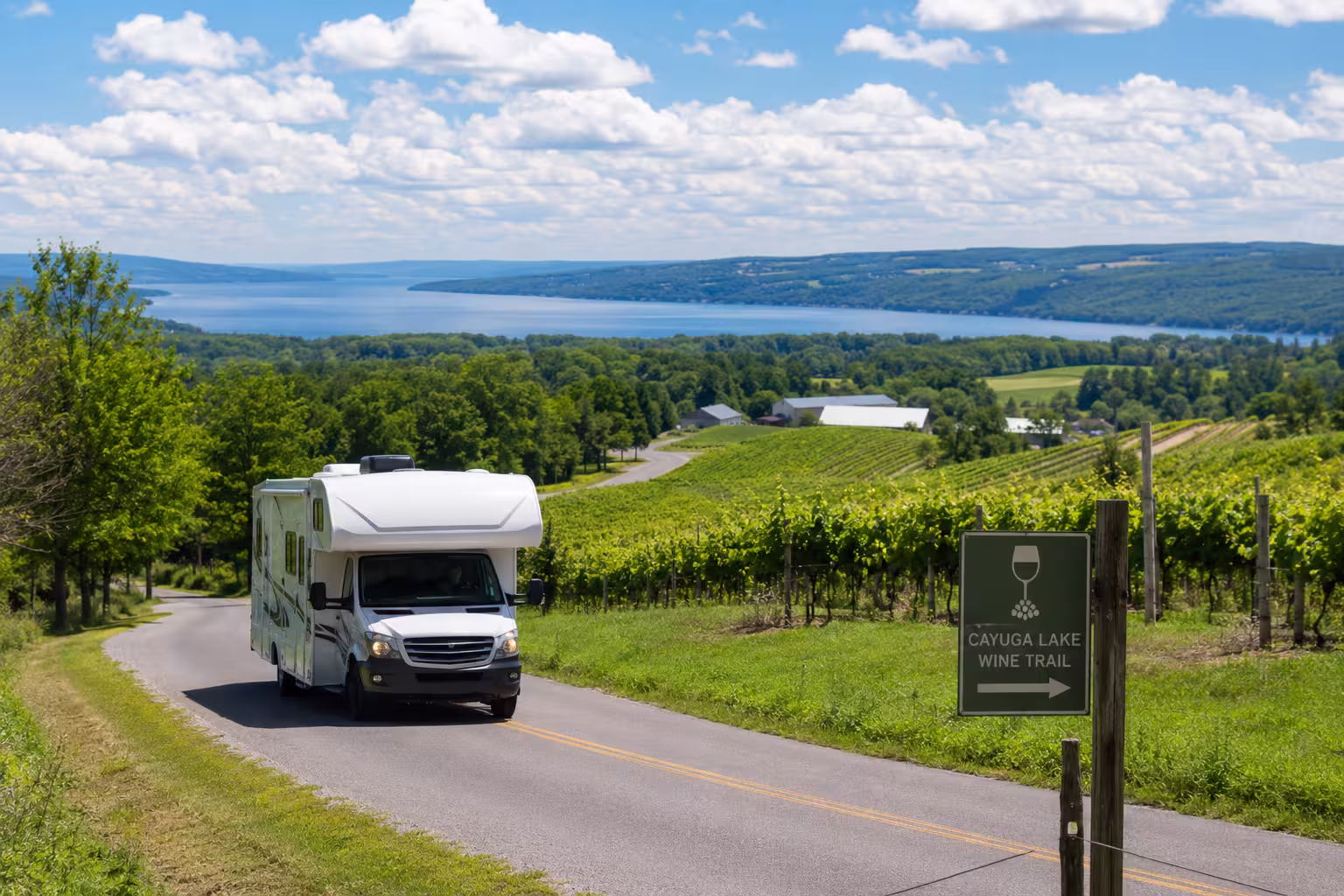 Camper on a wine trail road near Cayuga Lake, Finger Lakes