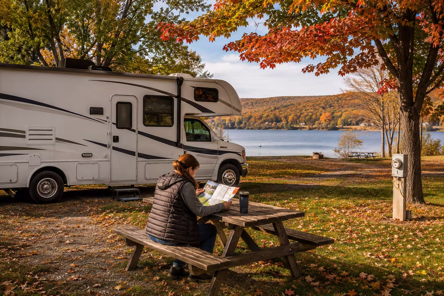 Camper at a Finger Lakes RV park during fall foliage season