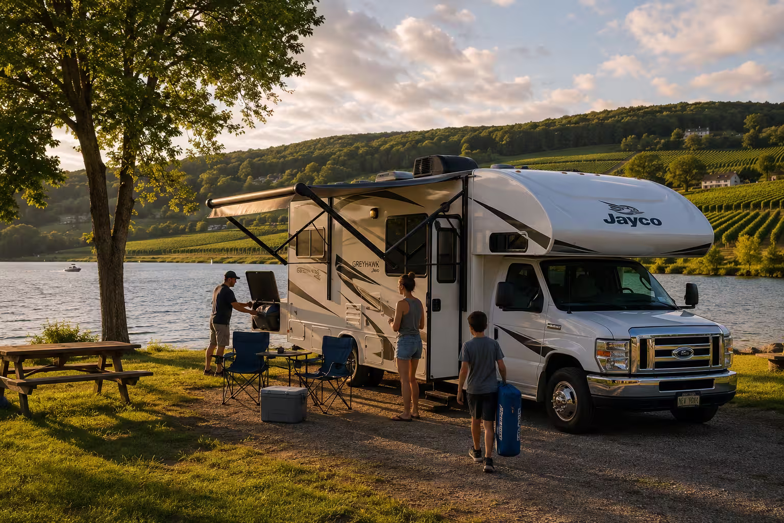 Class C motorhome rental at a Keuka Lake campground in the Finger Lakes