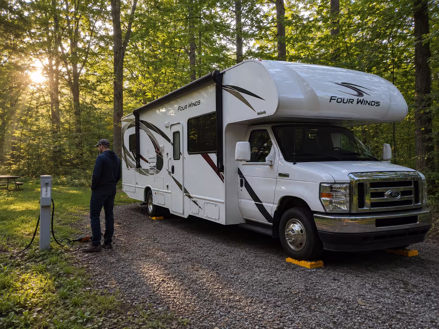Class C motorhome set up at a Watkins Glen area state park campsite