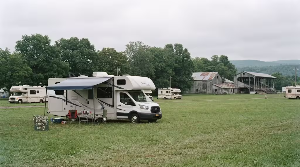 Class C motorhome on a primitive grass camping site at the Trumansburg Fairgrounds