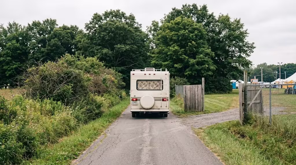 Motorhome on the narrow approach road to the vehicle camper gate at the Trumansburg Fairgrounds