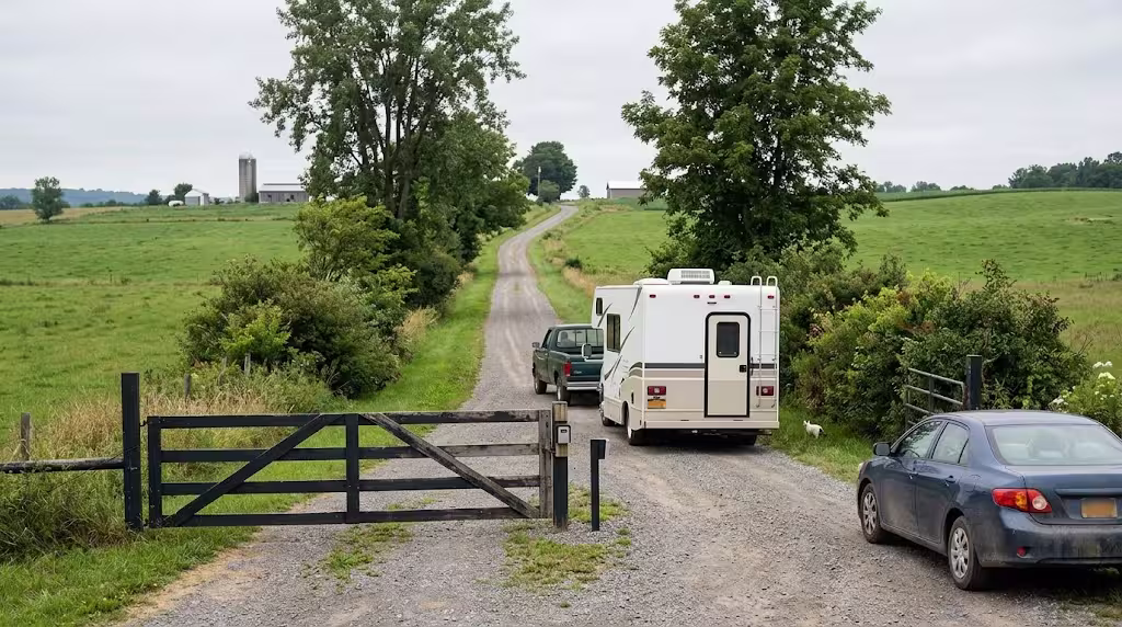 Motorhome waiting at the single main gate on the farm road into The Heron Farm 