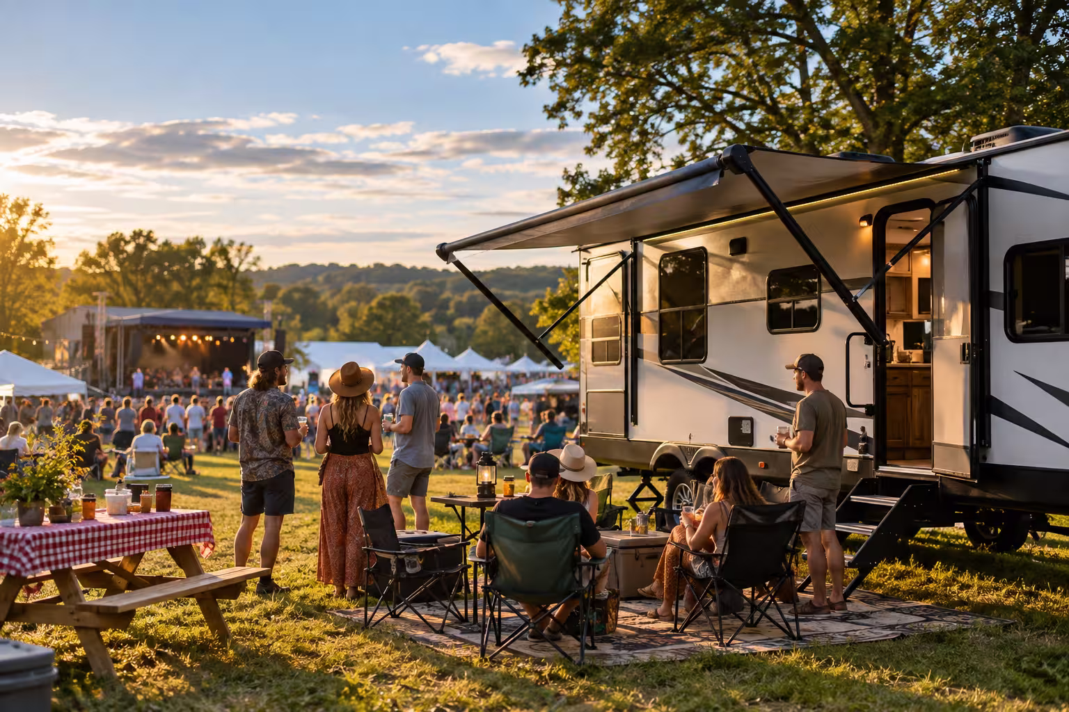group outside their rented motorhome at the Trumansburg Fairgrounds