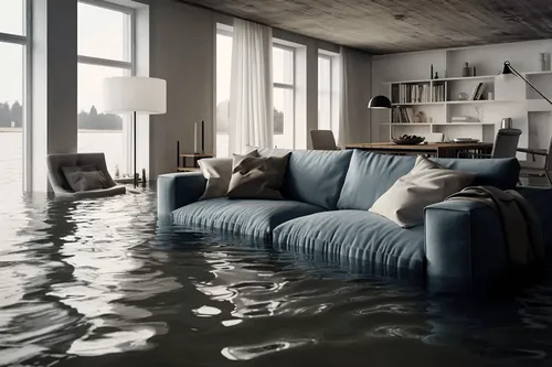A spacious living room with a blue sofa is heavily flooded, with water almost covering the furniture, highlighting the critical role of an independent insurance agency in South Florida in providing support after severe water damage.