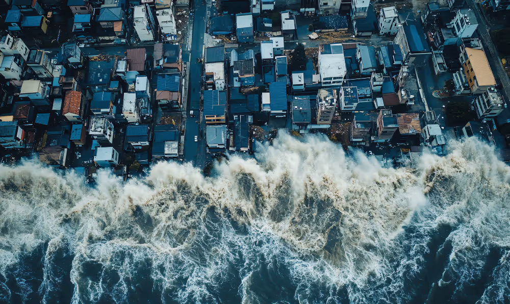 Aerial view of ocean waves crashing against densely packed coastal buildings.