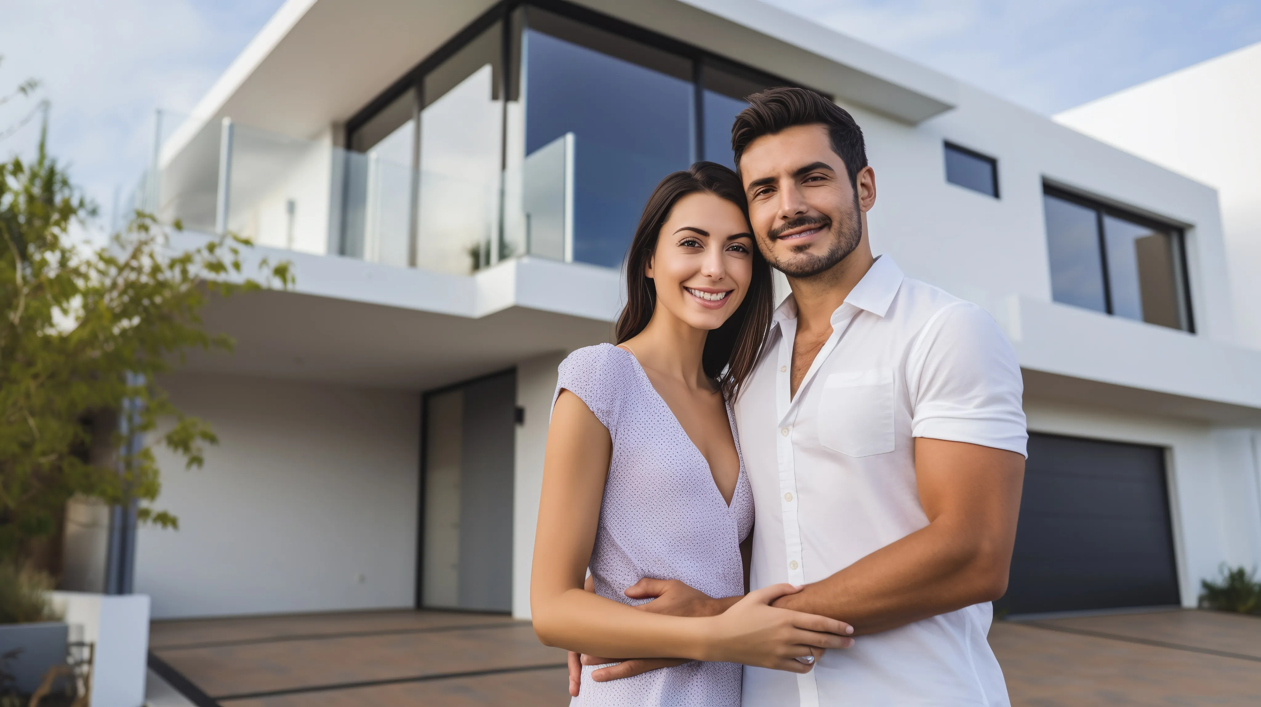 A happy couple embraces and smiles in front of their contemporary home, representing the comfort and protection offered by an independent insurance agency in South Florida for homeowners seeking reliable coverage.
