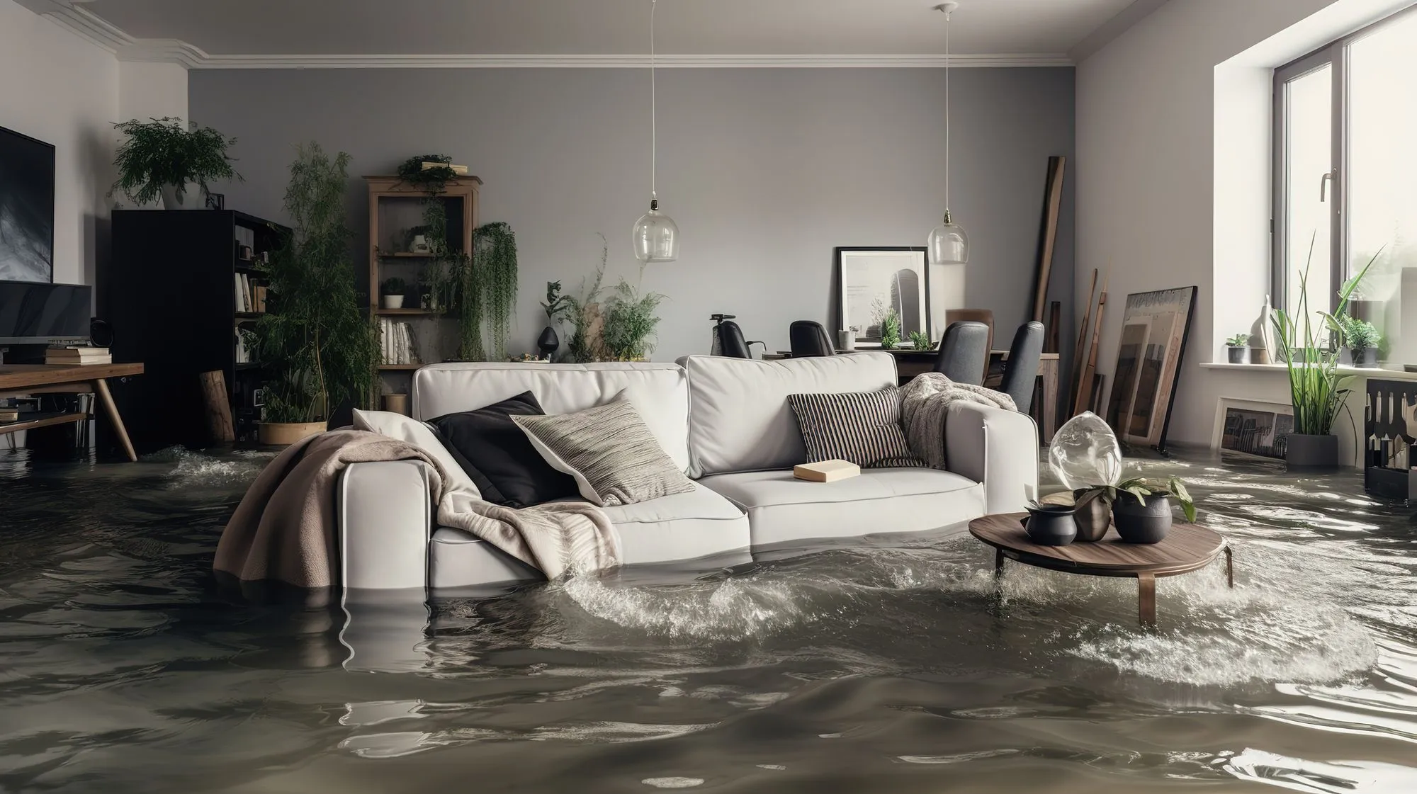 A modern living room is flooded with water, illustrating how flood protection by an independent insurance agency  is important.