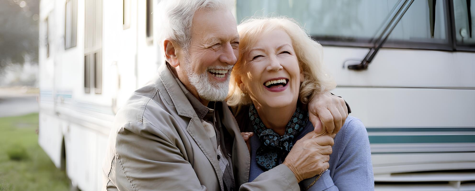 Elderly couple smiling and embracing each other outdoors near a parked RV.