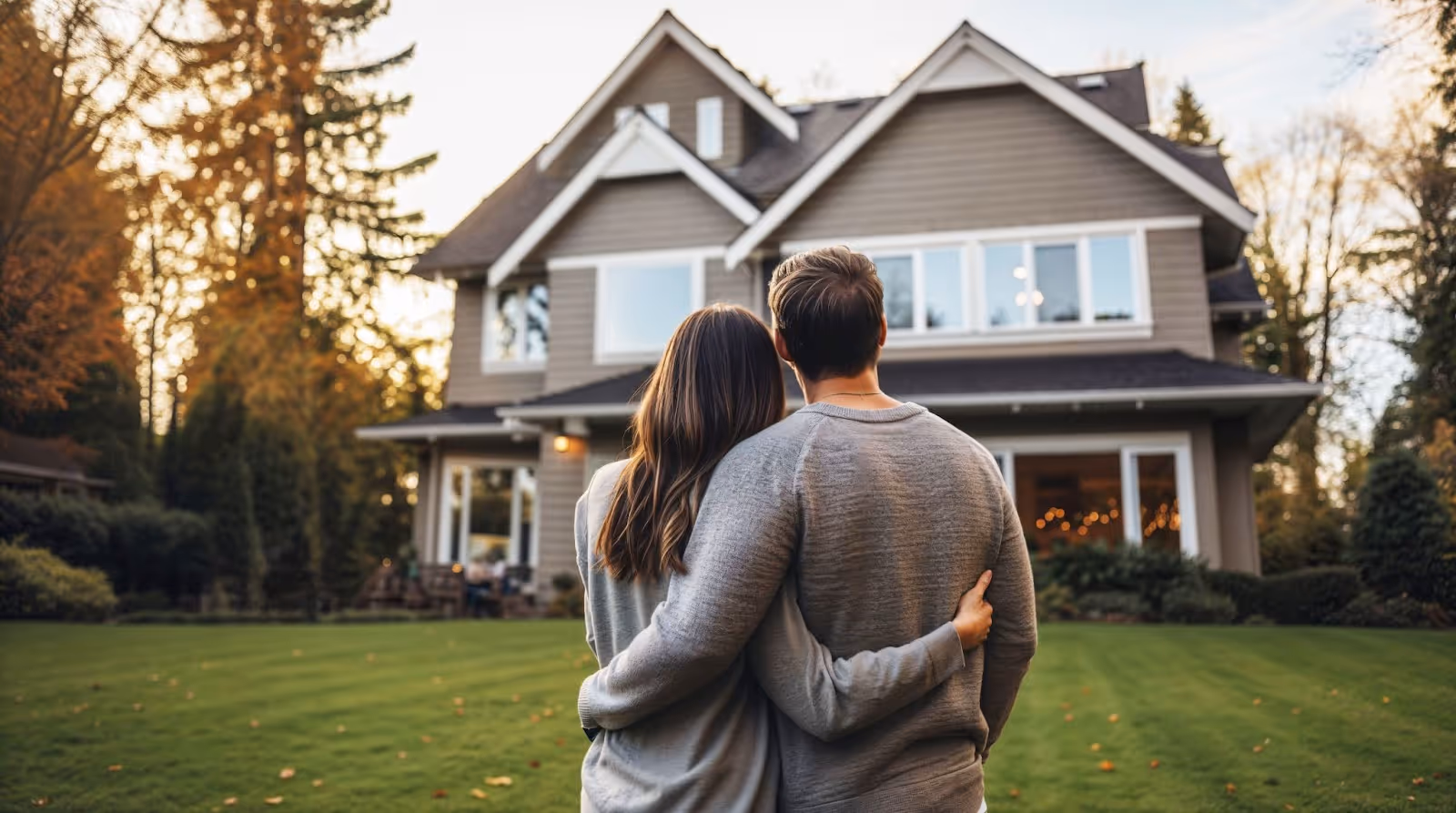 Couple embracing and looking at a two-story house with a large green lawn at sunset.