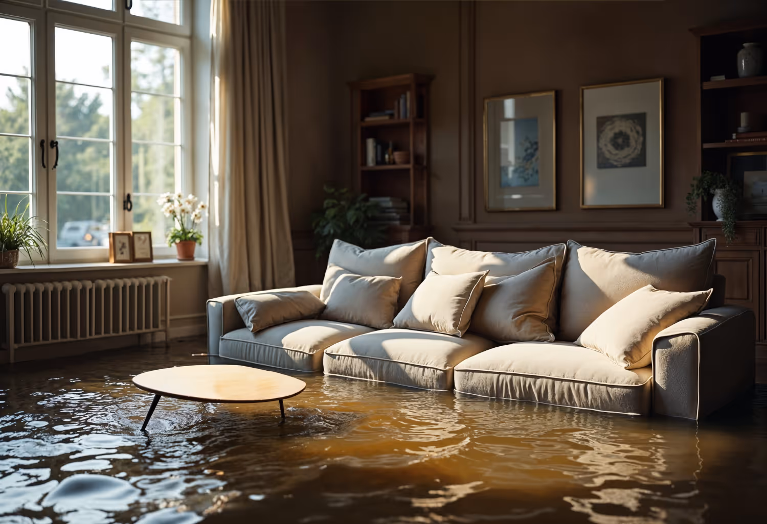 Living room with beige sofa and coffee table partially submerged in floodwater.