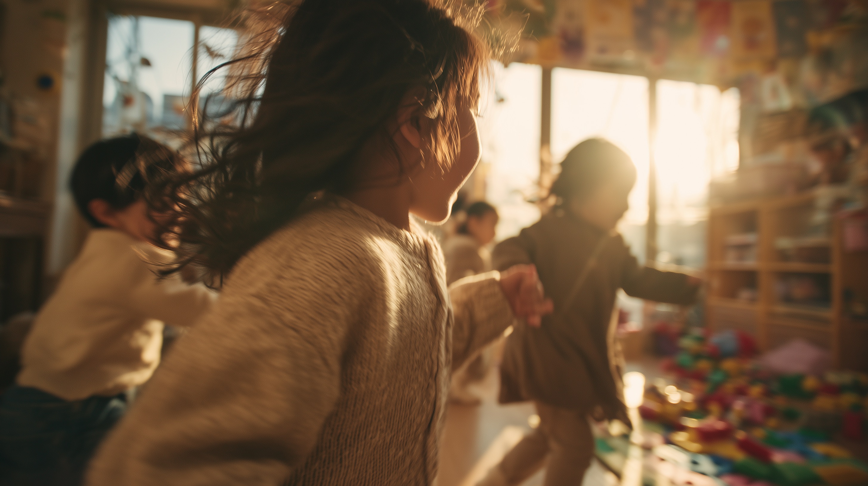 Des enfants courant et jouant ensemble dans une pièce lumineuse au sol couvert de jouets colorés.